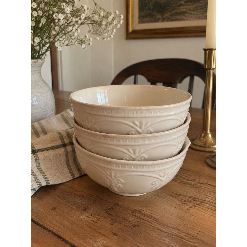 Set of 3 Ivory Embossed Stoneware Bowls